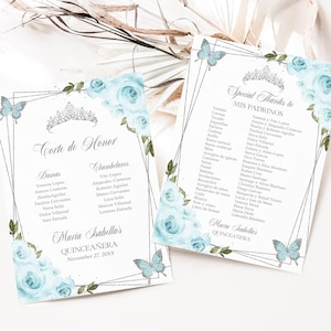 Lista de padrinos de quinceañera en azul cielo y plata, plantilla editable para tiara rosa para cumpleaños número 15, fiesta de quince años, descarga instantánea, Q015