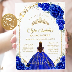 Royal Blue and Gold Arch Quinceañera Invitation, EDITABLE Tiara Rose 15th Birthday, Mis Quince Anos, Sweet 16 Party, Instant Download, Q070