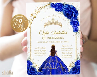 May include: A Quinceañera invitation with a gold and blue color scheme. The invitation features a gold crown, blue roses, and a girl in a blue dress with gold glitter. The text on the invitation reads "You are invited to Sofia Isabella's Quinceañera, Saturday, November 26, 20XX".