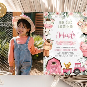 Farm Birthday Invite with Photo, EDITABLE Barn Animal Invite Template, Ranch Kids Party, Pink Floral Barnyard Animal, Instant Download KP082