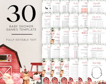 May include: A set of 30 printable baby shower game templates featuring a farm theme. The games include "Guess the Baby Food", "Baby Bingo", "Who's Who", "How's Mommy", "Celebrity Baby", "Name That Tune", "Guess the Mom Advice", "Make Up or Bust", "Have a Moo-ment", "Handfulish", "Baby Trivia", "Cliff Hanger", "Guess the Baby Food", "Time to Crack", "Guess the Pacifier", "Draw Baby", and more. The templates are decorated with watercolor illustrations of farm animals, a red barn, and a tractor.