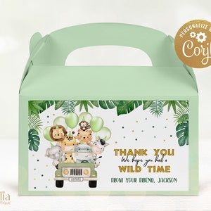 Plantilla de etiqueta de caja Wild One Gable, pegatina editable de fiesta en la jungla, etiqueta de cumpleaños de animales de safari para niños, oro verde, descarga instantánea, KP084