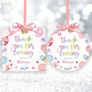Vielen Dank für Ihr Kommen, runder Geschenkanhänger, EDITIERBARER Candy Land Party Favor Tag, süße Feier Geburtstag, rosa Desserts, Sofort Download, KP200