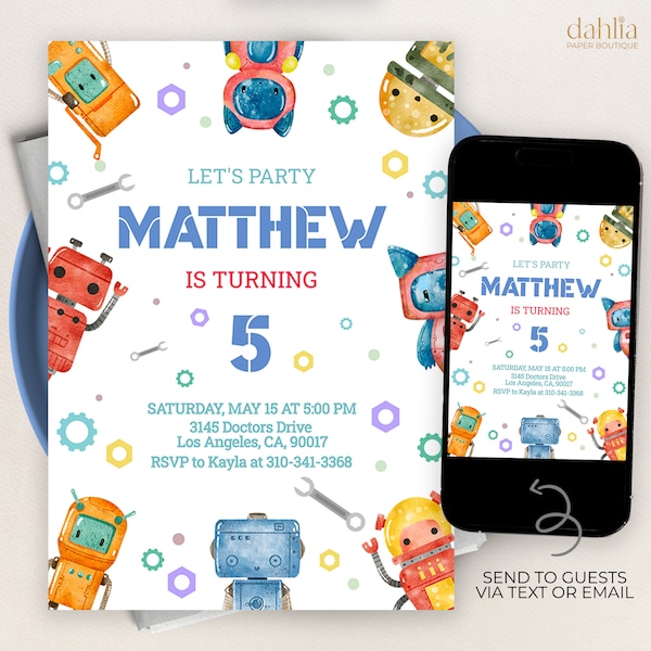 Robot Birthday Invitation, EDITABLE Robots Party Invite, Boy Birthday Template, Printable Kids Robot Text Invitation, Instant Download KP500