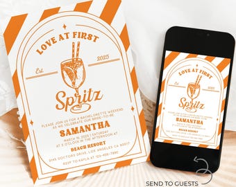 Invitación para despedida de soltera "Amor a Primera Vista", Aperol Spritz editable para fiesta de compromiso, Cóctel "Sol y Spritz" con un toque de fantasía, BR014