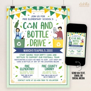Folleto editable de unidad de latas y botellas, plantilla de unidad de reciclaje, organización benéfica para recaudar fondos, recaudación de fondos benéfica de la iglesia escolar de PTO, descarga instantánea