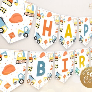 Construction Trucks Happy Birthday Banner, EDITABLE Trucks Birthday Banner, Boy Party Decorations, Digger Excavator, Instant Download, KP108