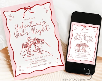 May include: Pink and red invitation for a Galentine's Girl's Night. The invitation features a red bow, stars, hearts, and a graphic of three martini glasses with hands holding them. The text on the invitation reads "Join us for a Galentine's Girl's Night" and includes the date, time, address, and RSVP information.