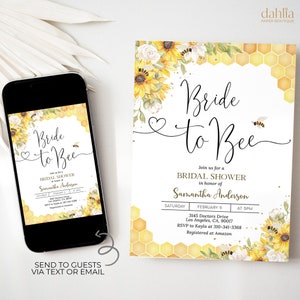 May include: A yellow and white bridal shower invitation with a honeycomb pattern and sunflowers. The text reads "Bride to Bee" and includes details for the event, such as the date, time, location, and RSVP information.