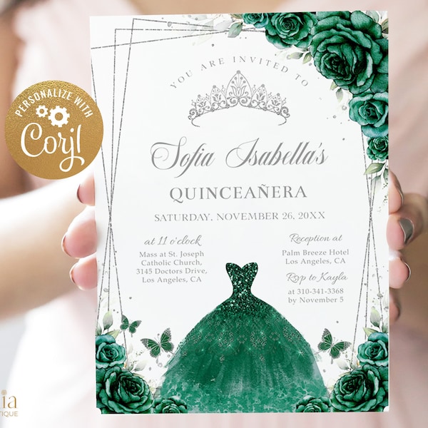 Emerald Green and Silver Dress Quinceañera Invitation, EDITABLE Tiara 15th Birthday, Mis Quince Anos, Sweet 16 Roses, Instant Download, Q084