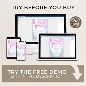 May include: A digital mockup of a mermaid-themed birthday invitation with the text "Splish Splash it's a Mermaid Bash" and "Charlottes" on a pink and blue background. The invitation is displayed on a computer screen, tablet, and phone.