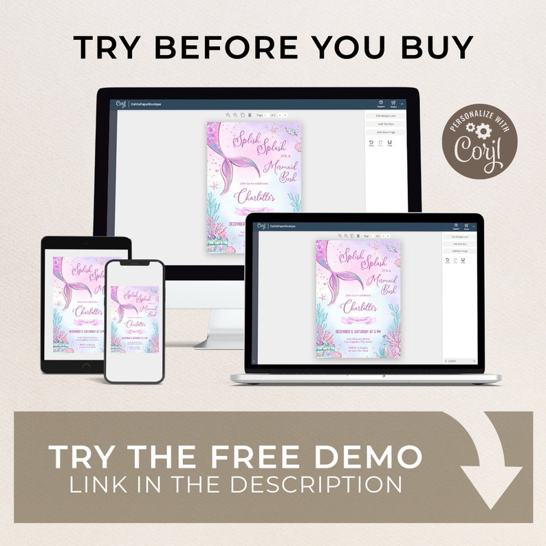 May include: A digital mockup of a mermaid-themed birthday invitation with the text "Splish Splash it's a Mermaid Bash" and "Charlottes" on a pink and blue background. The invitation is displayed on a computer screen, tablet, and phone.