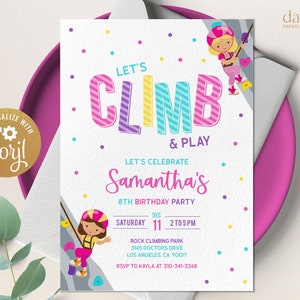 Rock Climbing Birthday Invitation, Editable Indoor Climbing Party Invite, Let's Climb and Play, Girl Adventure Party, Instant Download KP160 image 1