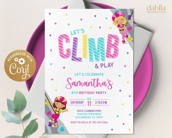 Rock Climbing Birthday Invitation, Editable Indoor Climbing Party Invite, Let's Climb and Play, Girl Adventure Party, Instant Download KP160 Il_570xn