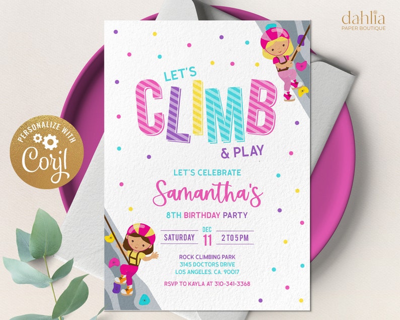 Rock Climbing Birthday Invitation, Editable Indoor Climbing Party Invite, Let's Climb and Play, Girl Adventure Party, Instant Download KP160 image 1
