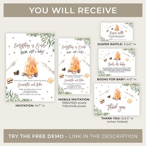 May include: A set of printable baby shower invitations with a campfire theme. The invitation features a campfire with marshmallows and s'mores, and the text "Everything is S'more fun with a baby!" The invitation is 5x7 inches. The set also includes a diaper raffle card, a book request card, and a thank you card.