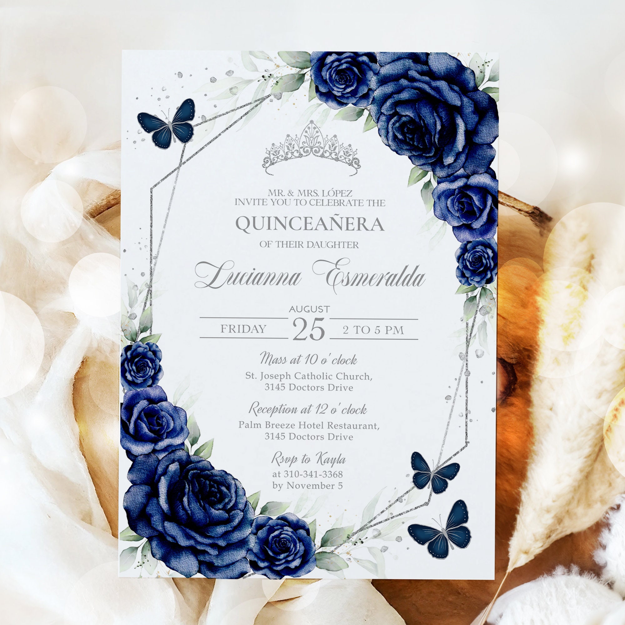 Navy Blue and Silver Quinceañera Invitation, EDITABLE 15th