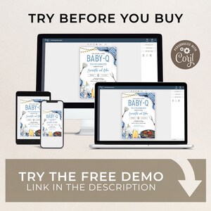 May include: A digital mockup of a baby shower invitation with a blue and white checkered background. The invitation features a grill, food, and the text "Join us for a BBQ to celebrate the parents to be, Emrathe and Ahlam". The invitation is displayed on a computer screen, tablet, and phone.