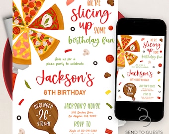 Pizza Party Birthday Invitation, Editable Snack Party Invite Template, Printable Unisex Kids Birthday, Food Trip, Instant Download KP145