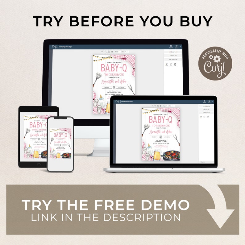 May include: A digital mockup of a baby shower invitation with a pink and white color scheme. The invitation features a grill, food, and the text "Join us for a cookout to celebrate parents to be, Emrathi and Adam. Baby-Q".