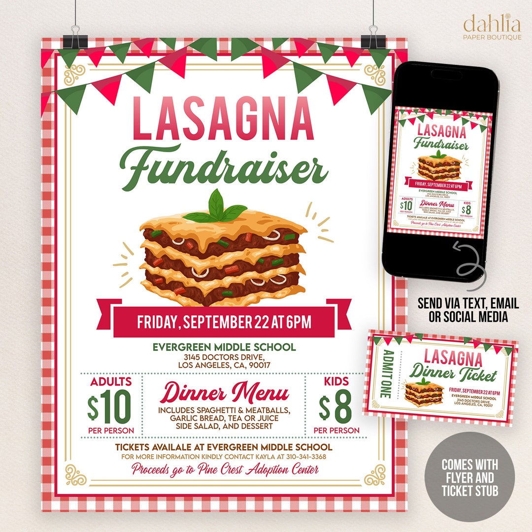 Editable Lasagna Dinner Fundraiser Flyer Ticket, PTA PTO School Church