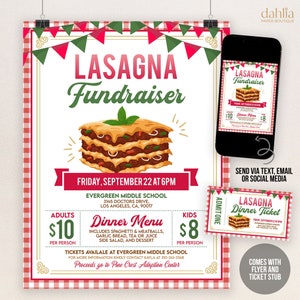 Bearbeitbare Lasagne-Abendessen-Fundraiser-Flyer-Karte, PTA PTO-Schulkirche Wohltätigkeitsveranstaltung Fundraiser, Einladungsvorlage druckbare Sofort-Download