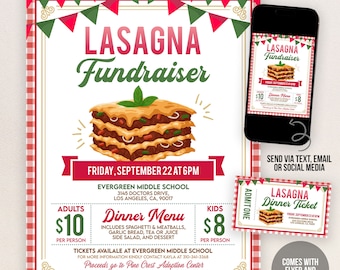 Editable Lasagna Dinner Fundraiser Flyer Ticket, PTA PTO School Church Charity Event Fundraising, Invite Template Printable Instant Download