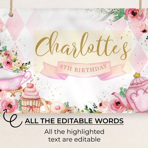 May include: A pink and gold printable sign with a pink and white checkered background. The sign says "Charlotte's 5th Birthday" with a pink ribbon and floral accents.