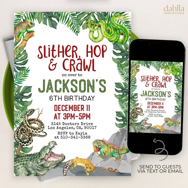 Reptile Birthday Invitation, EDITABLE Outdoor Party Invite, Slither Hop Crawl, Nature Theme Party, Creepy Crawly Snake Party Supplies, KP215