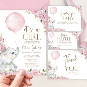 Set di inviti per baby shower con palloncini rosa elefante, modificabile Sweet Little Peanut Party, è un pacchetto floreale per bambina, download istantaneo BS197