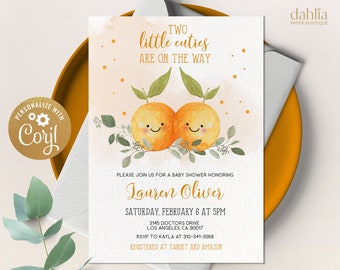 Two Little Cuties Are On The Way Baby Shower Invitation, Clementine Shower Invite, Orange Baby Shower, Twin Baby Shower Invite, Corjl BS032