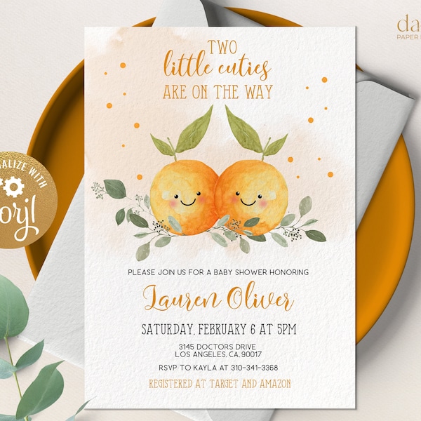 Two Little Cuties Are On The Way Baby Shower Invitation, Clementine Shower Invite, Orange Baby Shower, Twin Baby Shower Invite, Corjl BS032