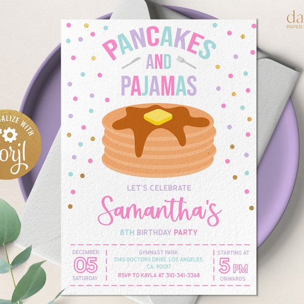 Pancakes and Pajamas Birthday Invitation, Editable Sleepover Party Invite, Girl Slumber Party Template, Brunch Party, Instant Download KP146