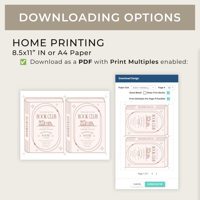 May include: Image showing downloading options for a book club design. The text includes "HOME PRINTING" and "8.5x11 IN or A4 Paper". The design features two book illustrations with the words "BOOK CLUB" and other text.