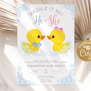 Invito per rivelare il genere di Rubber Duckie MODIFICABILE, Invito Waddle It Be, Neonato o ragazza, Modello stampabile per festa primaverile, Lui o lei, GR031