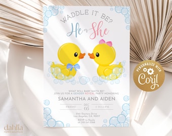 EDITIERBARE Rubber Duckie Gender Reveal Einladung, Waddle It Be Invite, Baby Junge oder Mädchen, druckbare Frühlingsparty-Vorlage, er oder sie, GR031