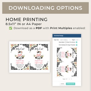 Pu&ograve; includere: Un'anteprima digitale di un PDF stampabile per un invito a una festa a tema Holy Cow! L'invito presenta una mucca di cartone animato carina con accenti rosa e una corona di fiori. L'invito &egrave; progettato per carta da 8,5x11 pollici e include opzioni per multipli di stampa.