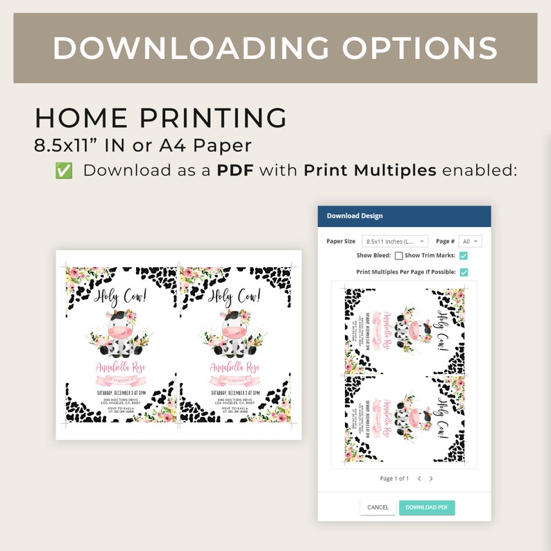 Pu&ograve; includere: Un'anteprima digitale di un PDF stampabile per un invito a una festa a tema Holy Cow! L'invito presenta una mucca di cartone animato carina con accenti rosa e una corona di fiori. L'invito &egrave; progettato per carta da 8,5x11 pollici e include opzioni per multipli di stampa.