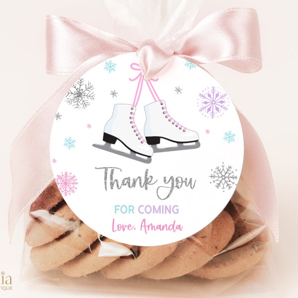 Thank You For Coming Round Gift Tag, Editable Ice Skating Party Favor Tag, Skate On Over Template, Pastel Snowflake Template, Outdoor, KP169