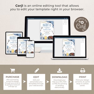 May include: A digital mockup showing how to use Corjl to edit and personalize a baby shower invitation. The invitation features a blue and white checkered background with a grill, food, and the text "Baby-Q To Celebrate Emma & Aiden".