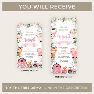 May include: Two printable invitations for a farm-themed birthday party. The invitations feature a pink barn, a red tractor, a chicken, a pig, a cow, a horse, and a sheep. The text on the invitations reads "Oink, Cluck, BAA and Moo! Amanda is turning two. Come celebrate with us Saturday, December 5 at 5pm. 3145 Doctors Drive, Los Angeles, CA 90007. RSVP to Kayla at 310-341-3368."