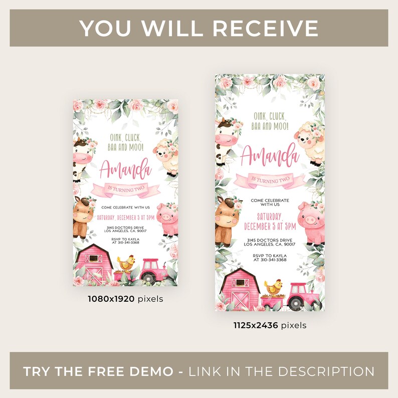 May include: Two printable invitations for a farm-themed birthday party. The invitations feature a pink barn, a red tractor, a chicken, a pig, a cow, a horse, and a sheep. The text on the invitations reads "Oink, Cluck, BAA and Moo! Amanda is turning two. Come celebrate with us Saturday, December 5 at 5pm. 3145 Doctors Drive, Los Angeles, CA 90007. RSVP to Kayla at 310-341-3368."