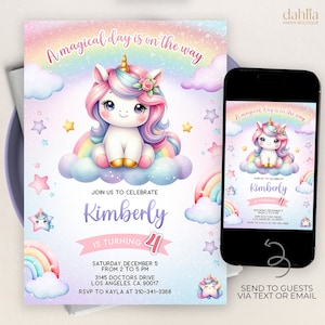 Unicorn Birthday Invitation Template Printable, Editable Unicorn Party Invite, Magical Day Printable Template Girl Pink Pastel Rainbow KP317