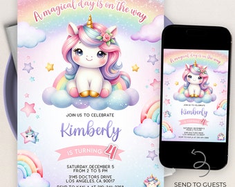 Plantilla de invitación de cumpleaños de unicornio imprimible, invitación de fiesta de unicornio editable, plantilla imprimible del día mágico chica rosa pastel arco iris KP317