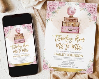 Travel Bridal Shower Invitation, Editable Adventure Engagement Party Invite, Pink Luggage, Travel Couples Shower, Instant Download, BR006