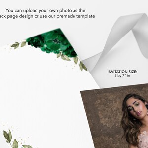 May include: A white invitation card with a green floral design in the top corner. The card is 5 by 7 inches. The text "INVITATION SIZE: 5 by 7" in" is printed on the card.