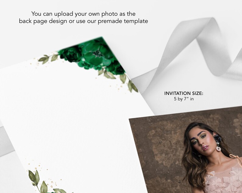 May include: A white invitation card with a green floral design in the top corner. The card is 5 by 7 inches. The text "INVITATION SIZE: 5 by 7" in" is printed on the card.