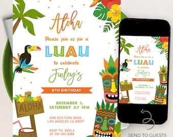 May include: A colorful luau party invitation with a tropical theme. The invitation features a toucan, palm trees, tiki masks, and the text "Aloha, Please join us for a Luau to celebrate Finley's 8th Birthday". The invitation also includes the date, time, and location of the party.