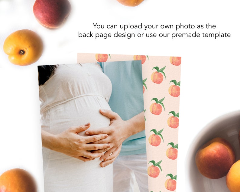 May include: A couple expecting a baby, with the woman in a white dress, holding her belly. The background is a peach pattern with a peach on each peach.