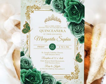 Vintage Quinceañera Invitation, EDITABLE Antique Frame 15th Birthday Party, Emerald Green Gold Mis Quince Anos Invite, Instant Download Q147